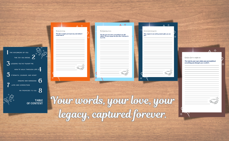 inside pages of To My Daughter journal with guided prompts for writing memories, messages, and personal reflections