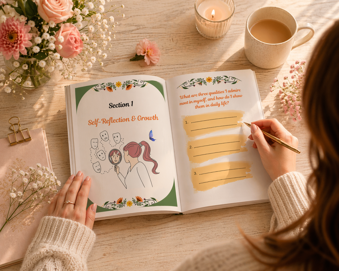 Self reflection journal pages with prompts for mindfulness and emotional clarity